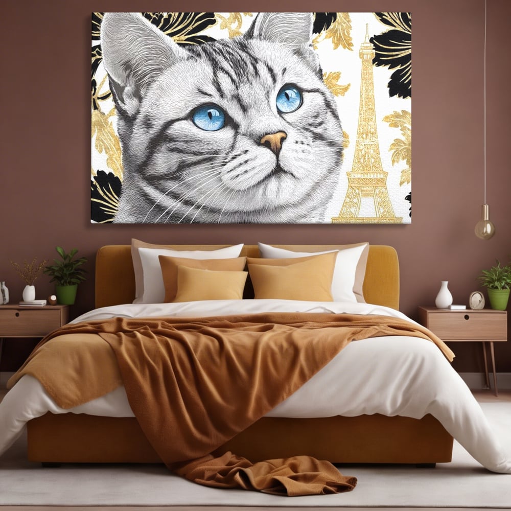 Tablou canvas cu tablou canvas cu pisica si turnul eiffel, fara rama, pe sasiu de lemn, pe perete intr-un dormitor